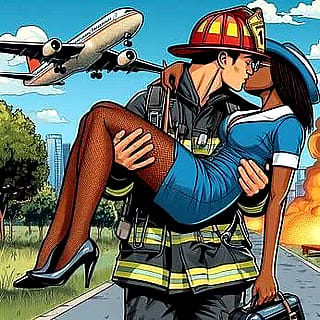 Comic book style kissing of a firefighter and a flight attendant'