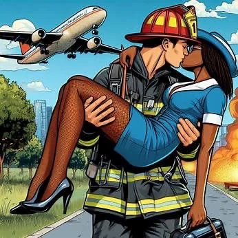 Comic book style kissing of a firefighter and a flight attendant picture 1 of 2