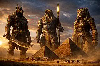 Majestic Egyptian Mythological Colossal Warriors of the Pyramids'