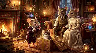 The little mouse was touched by the kitten it received as a gift'