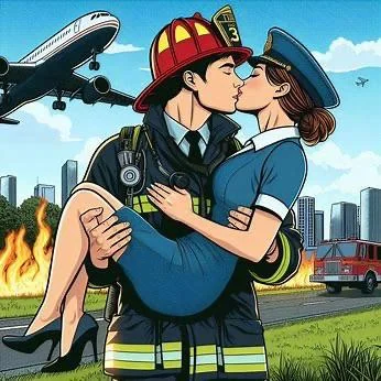 Comic book style kissing of a firefighter and a flight attendant picture 2 of 2