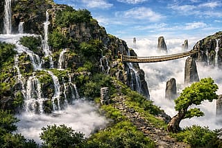 Waterfalls at mountain peak(Had ChatGPT improve one of my old art projects.)'