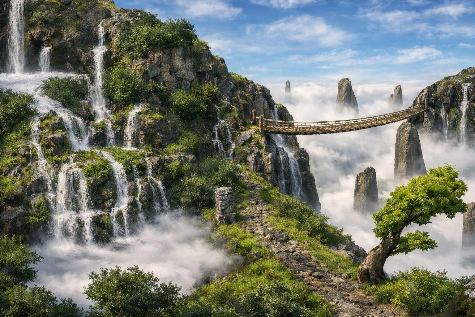 Waterfalls at mountain peak(Had ChatGPT improve one of my old art projects.) picture 1 of 1