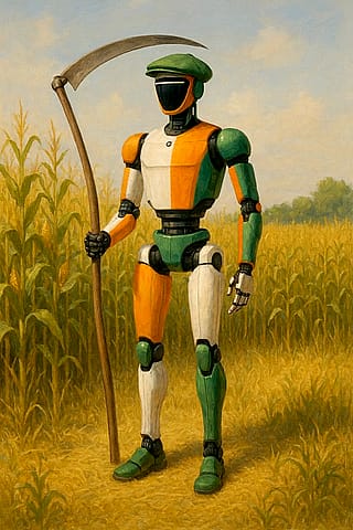 "Off to reap the corn." A real robot (Unitree G1) meets the fictional characters in the movie Sinners, a bit early for St. Patrick's Day.'