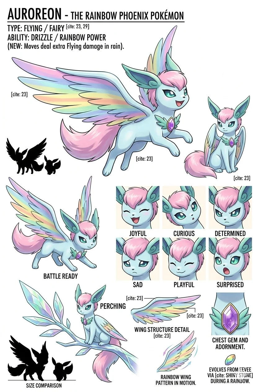 This is my Fakemon, Auroreon. I drew the original pic like 15 years ago. I asked AI to create a more fleshed-out version picture 1 of 2