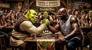 Shrek and Shaq arm wrestling'
