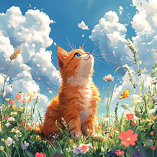 A Cat Sitting in the Grass Gazing at the Sky'