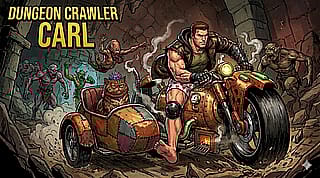 Dungeon Crawler Carl on his steam chopper with Princess Donut in the side car'