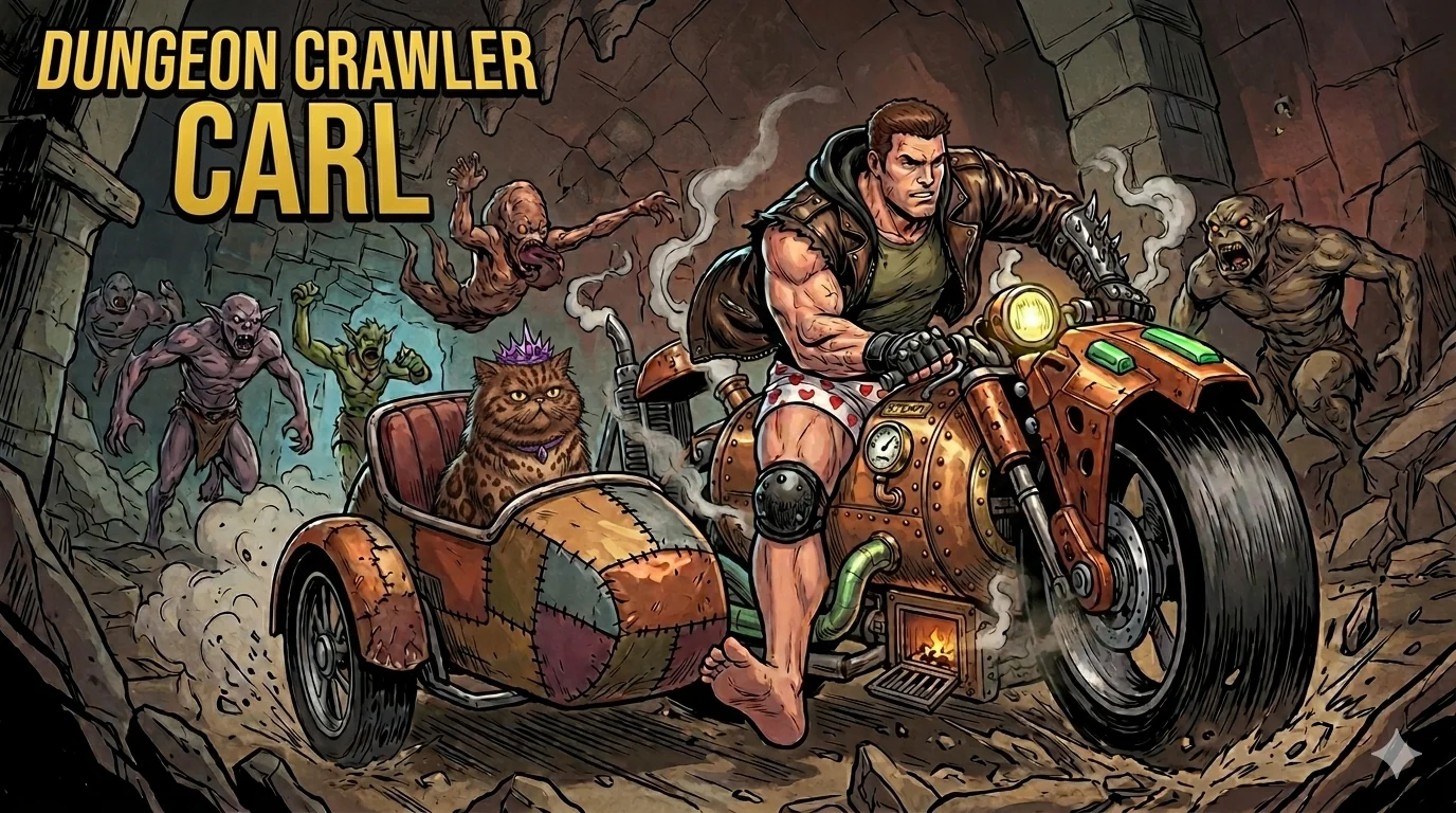 Dungeon Crawler Carl on his steam chopper with Princess Donut in the side car picture 1 of 1