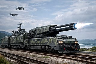 Japan Ground Self-Defense Force Railway Regiment Rail-Mounted Electromagnetic Artillery System (AI-Generated Concept Image)'