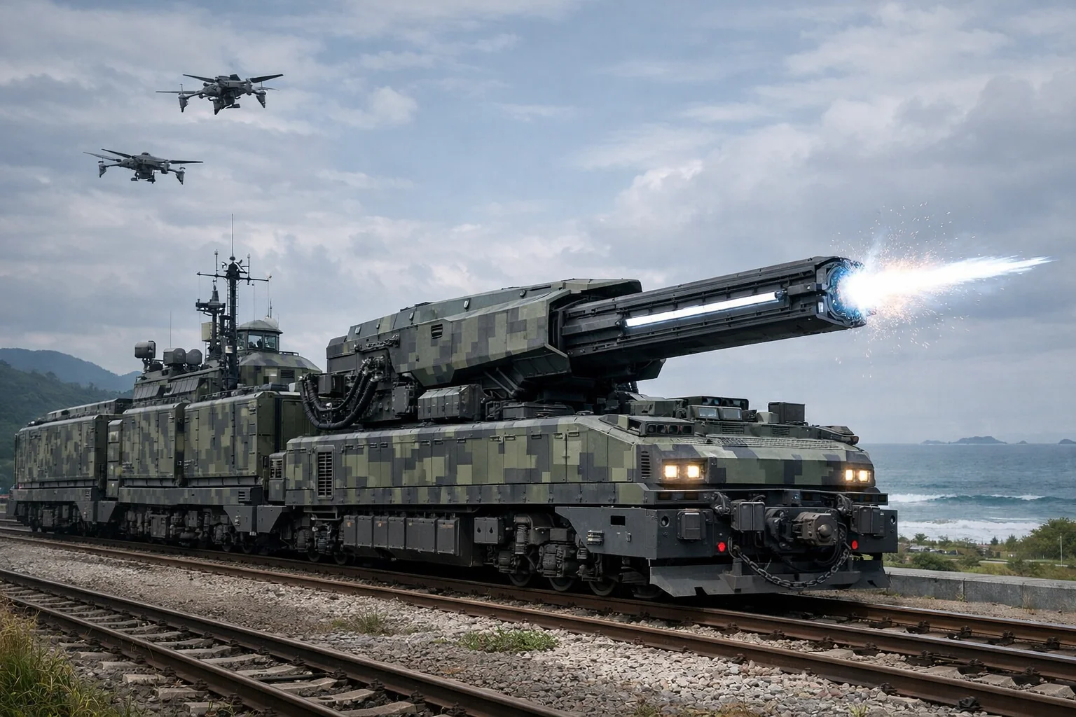 Japan Ground Self-Defense Force Railway Regiment Rail-Mounted Electromagnetic Artillery System (AI-Generated Concept Image) picture 1 of 1