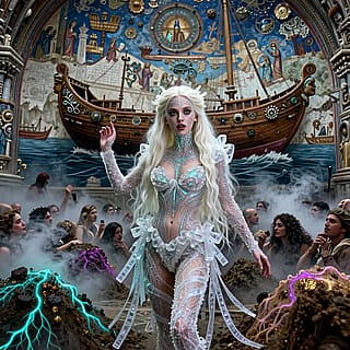 Glittering goddess over wrecked waves'