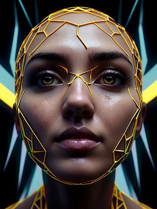 Mask of molten geometry, gaze in neon twilight'