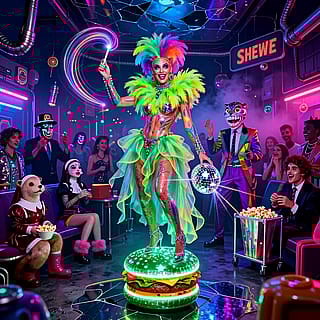 Neon rings, feathered laughter'