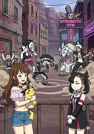 Guzma vs Piers with Skye and Marnie in the foreground'