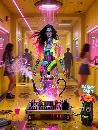 Neon glow, tea steam, pink‑haired moon'