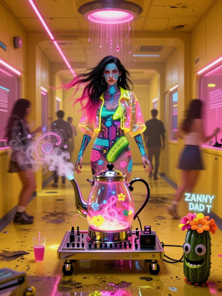 Neon glow, tea steam, pink‑haired moon picture 1 of 1