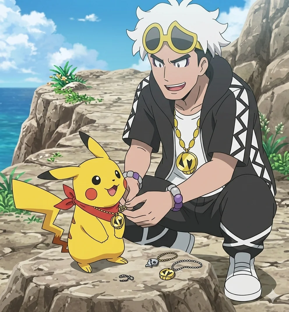 Guzma putting a Team Skull chain on Chupi picture 1 of 1