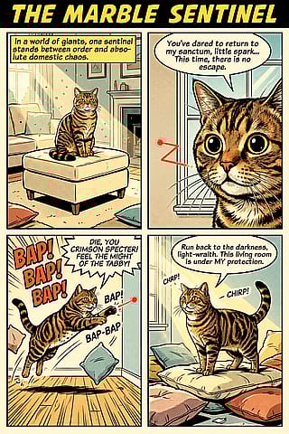 My tabby cat rendered as a vintage comic book hero defending the living room from a laser dot.'