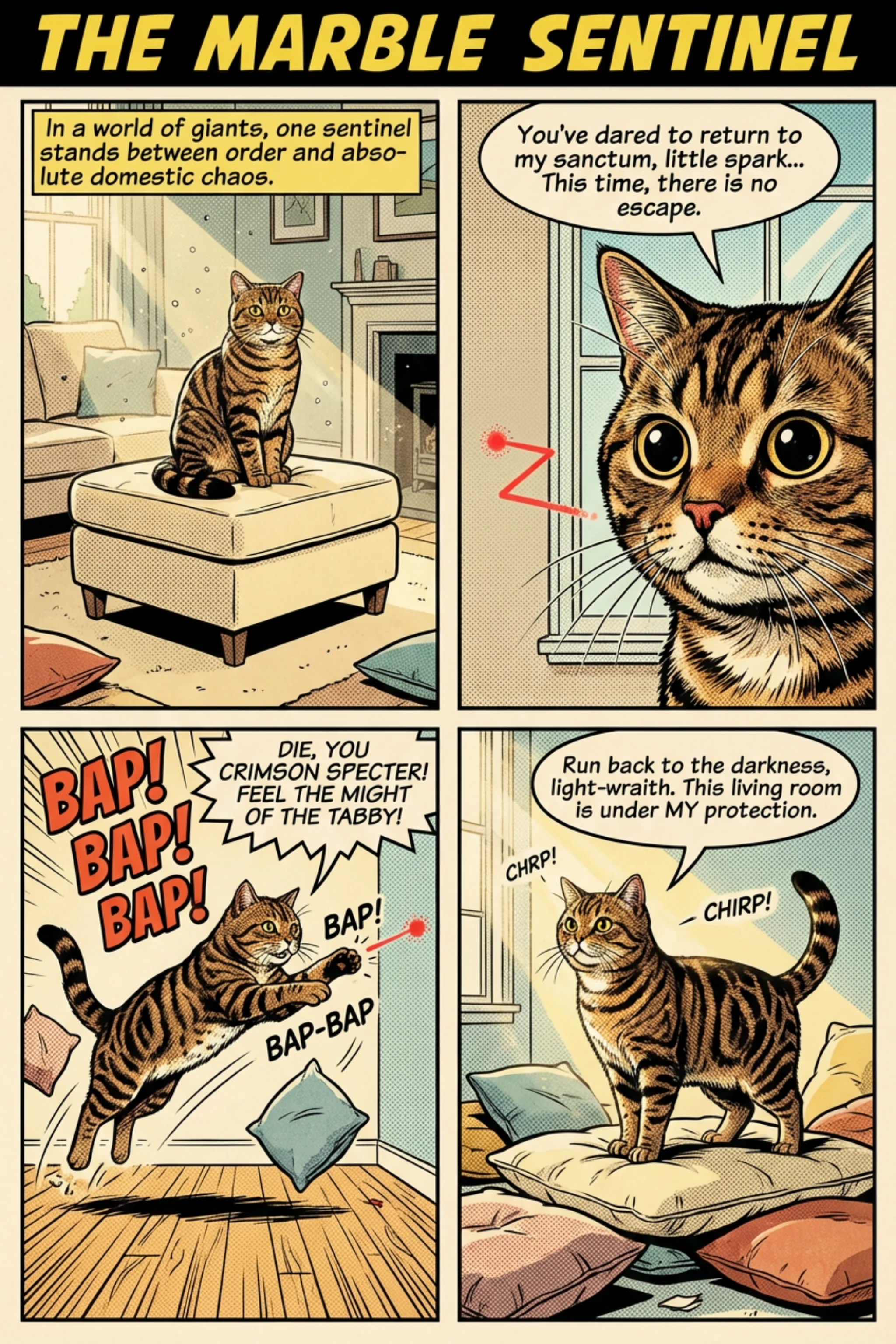 My tabby cat rendered as a vintage comic book hero defending the living room from a laser dot. picture 1 of 1