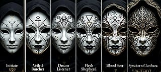 Masks i generated for a fictional cult im writing from lowest(left) to highest rank.'