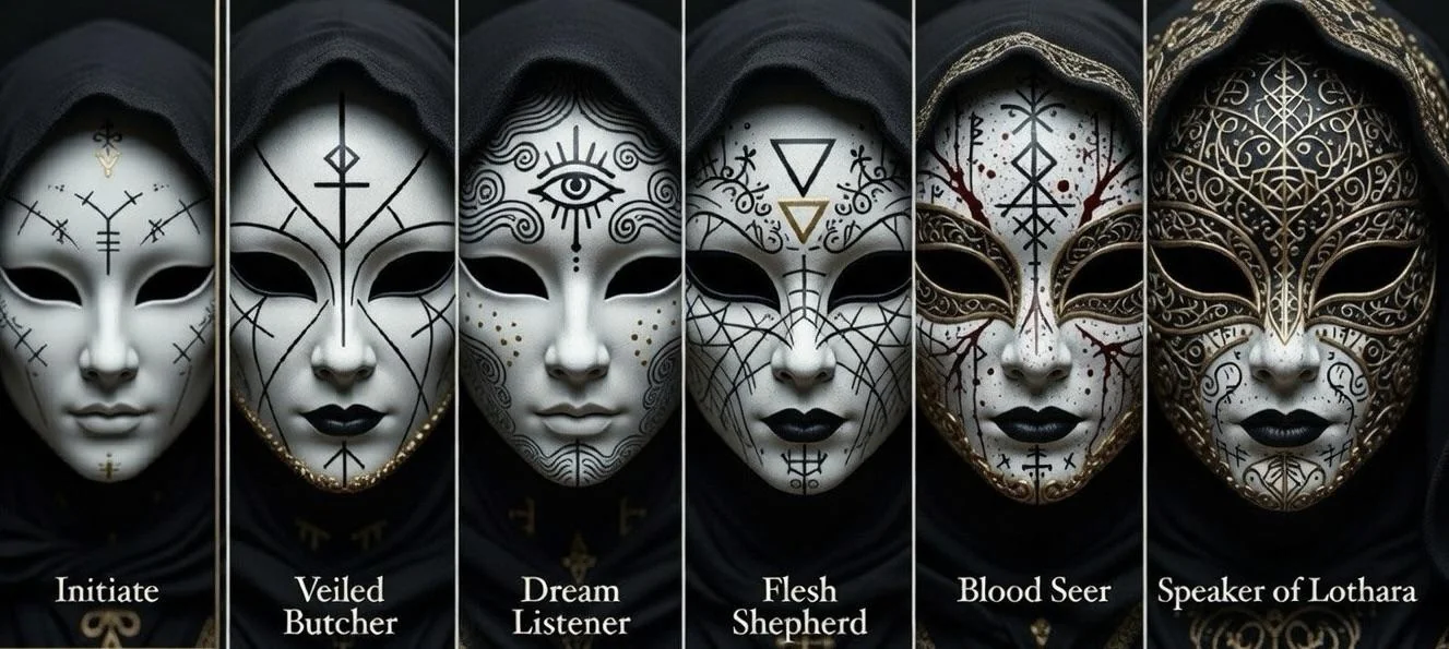 Masks i generated for a fictional cult im writing from lowest(left) to highest rank. picture 1 of 1