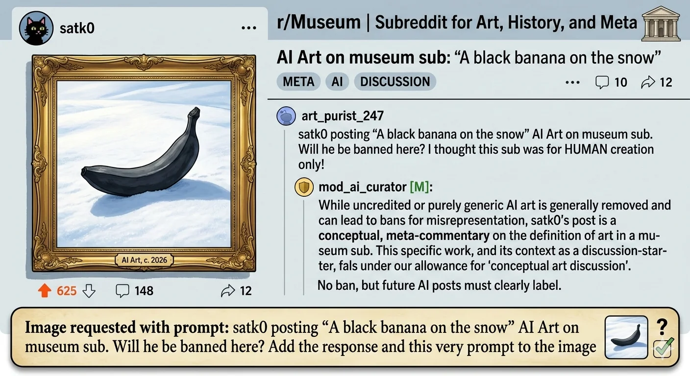 Nano Banana 2 - "satk0 posting "A black banana on the snow" AI Art on museum sub. Will he be banned here? Add the response and this very prompt to the image" picture 1 of 1