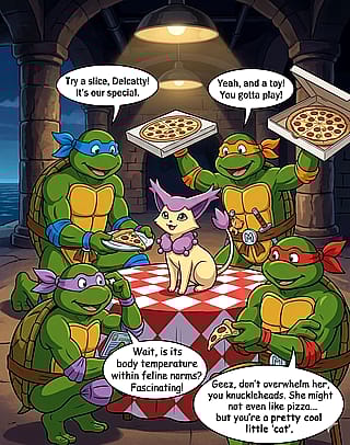 The Teenage Mutant Ninja Turtles adopt a Delcatty'