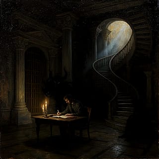 Writing peace with one's demons inside a mind rebuilt from chaos (AI-assisted artwork)'