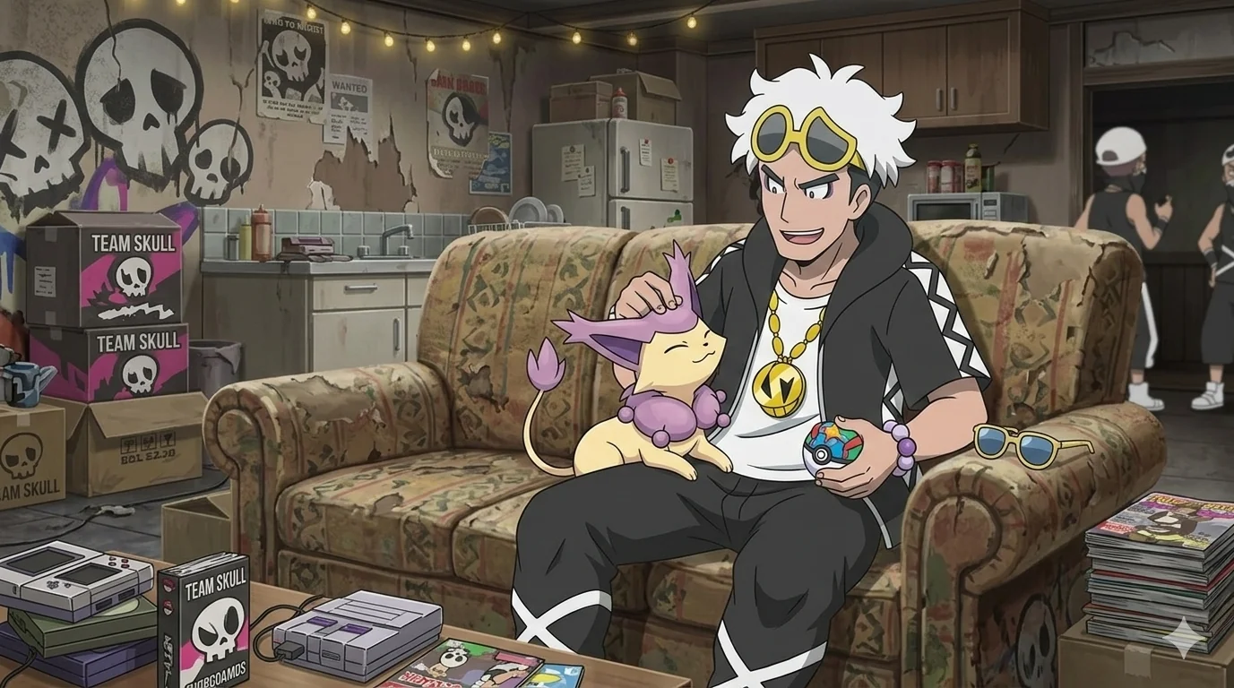 Guzma claims he isn't a cat-person but he doesn't push Delcatty away either picture 1 of 1