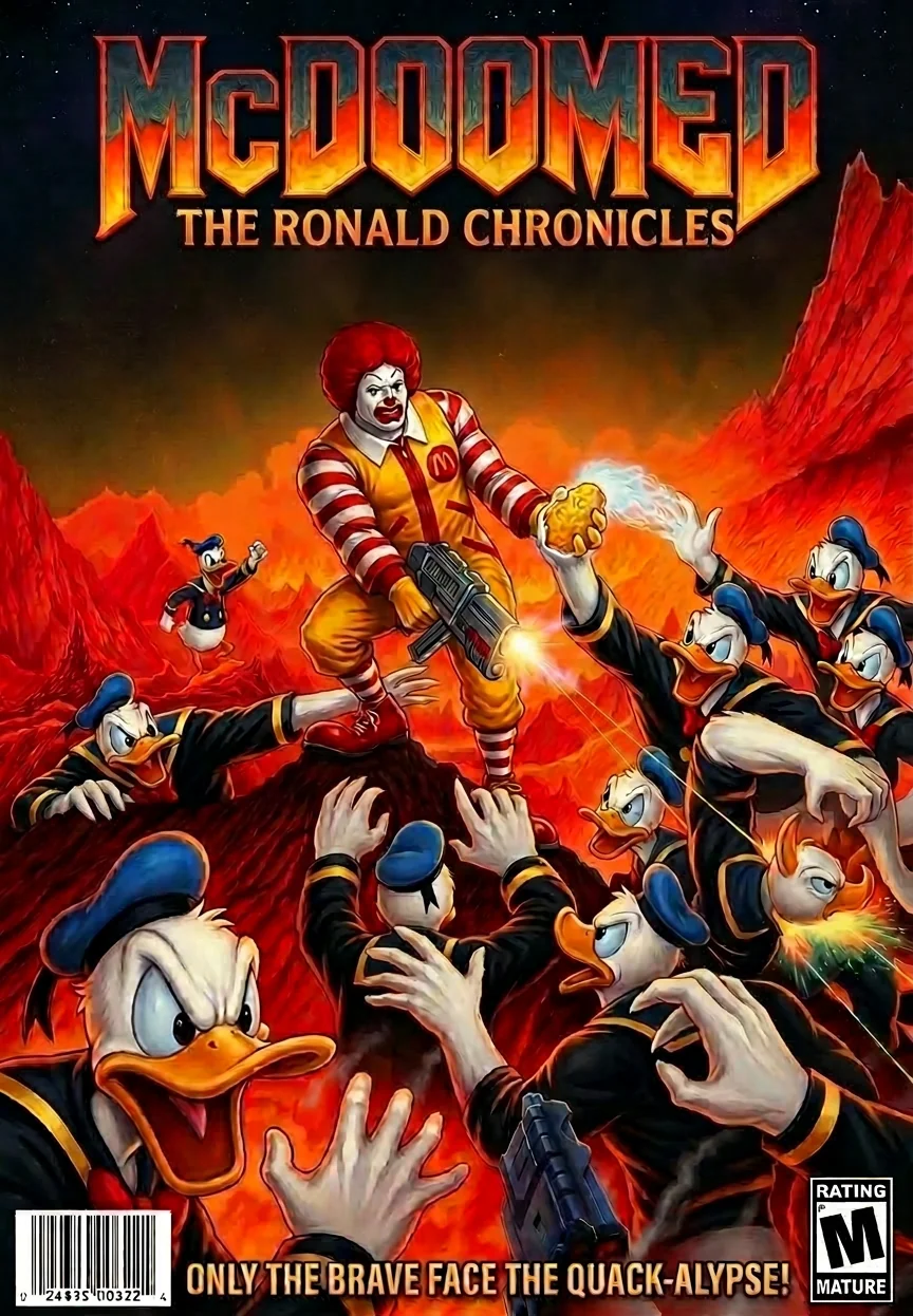 Asked Perplexity A.I to make a doom cover of Ronald McDonald and replace the demons with Donald Duck. It didn't disapoint. picture 1 of 1