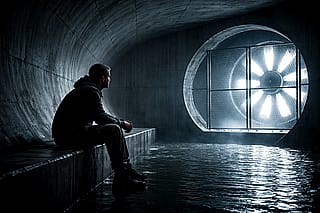 A man sits in a drainage tunnel under Austin in 2080'