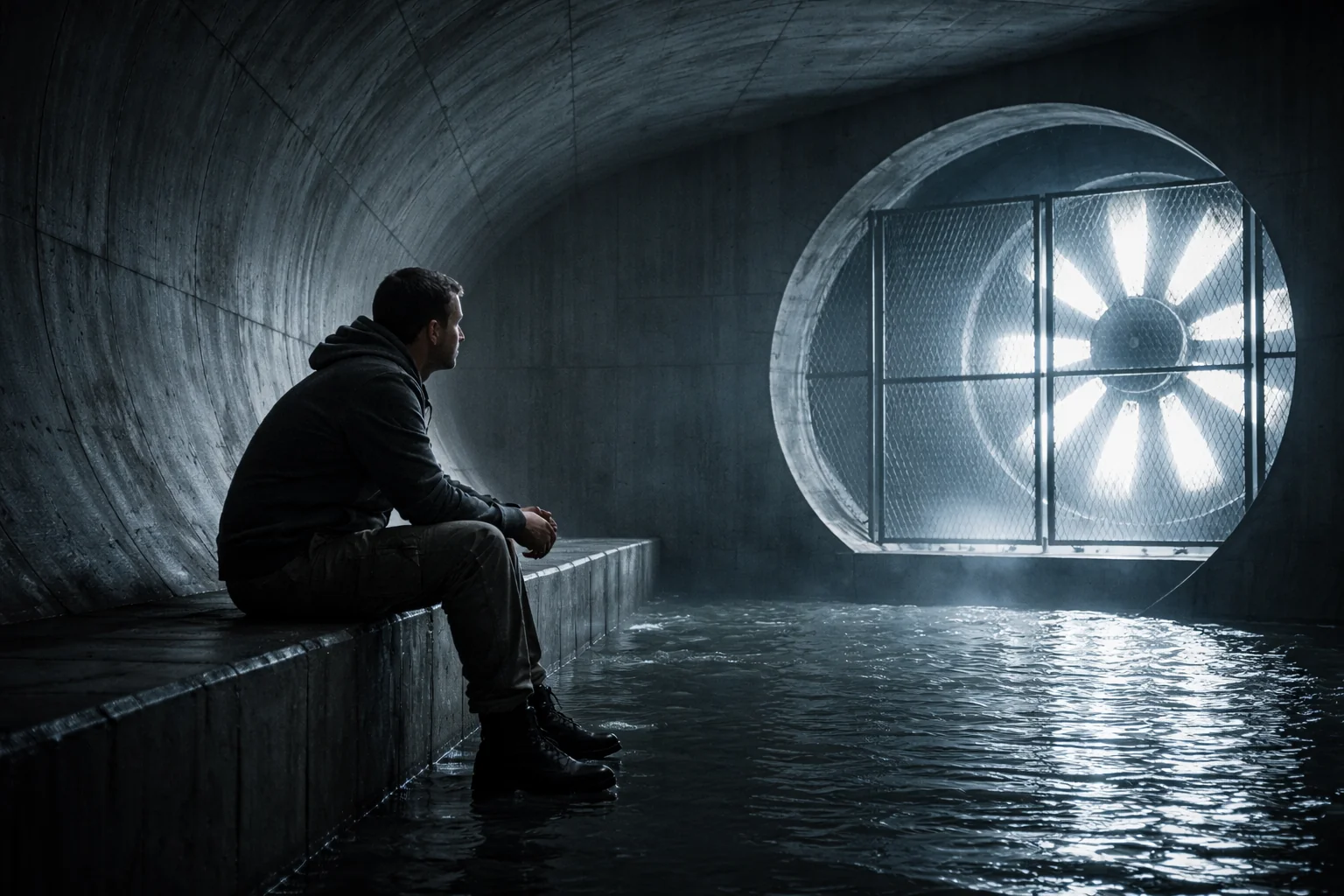 A man sits in a drainage tunnel under Austin in 2080 picture 1 of 1
