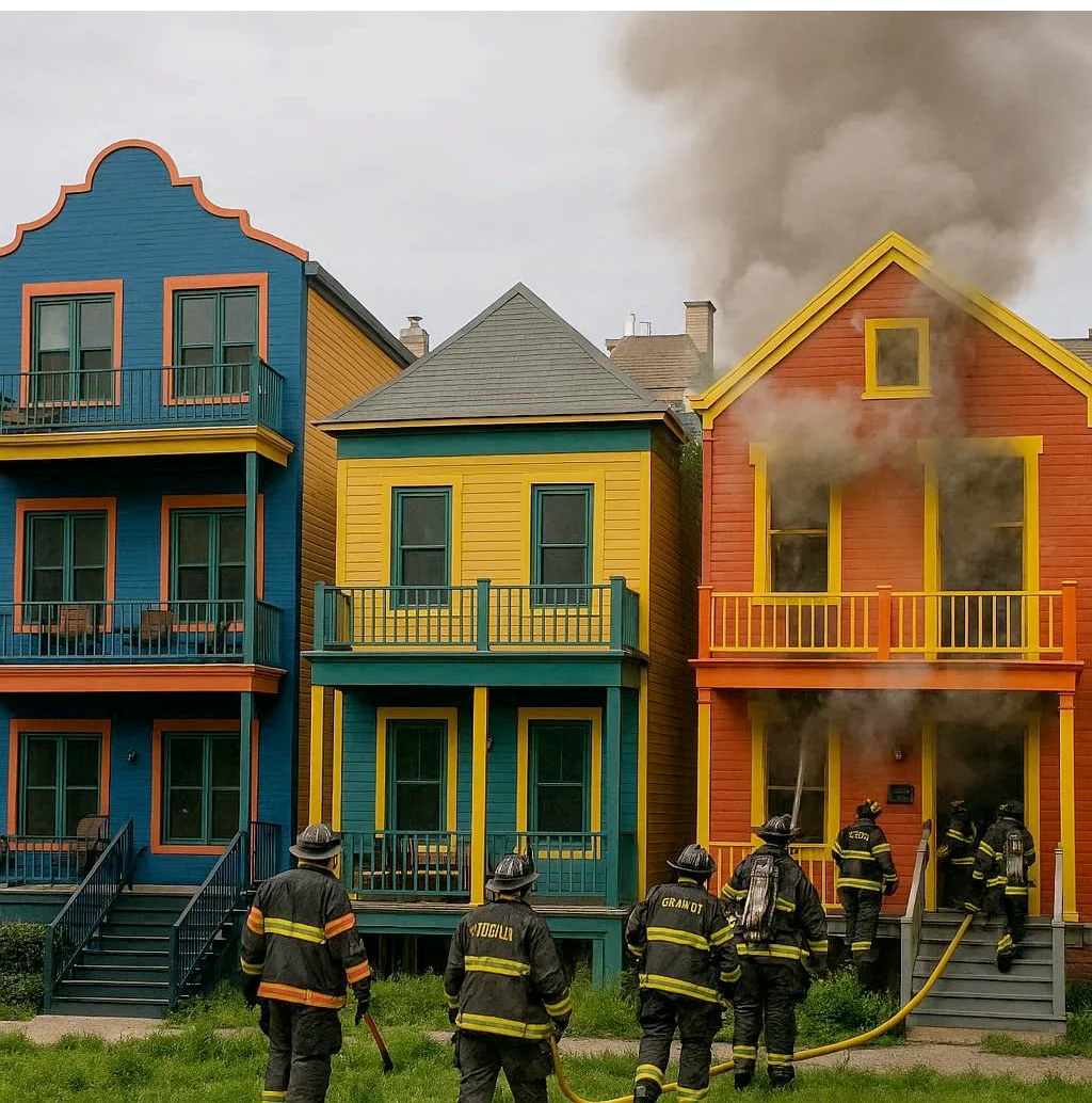 The same housing neighborhood across the multiverse. One of the versions is on fire. picture 2 of 8