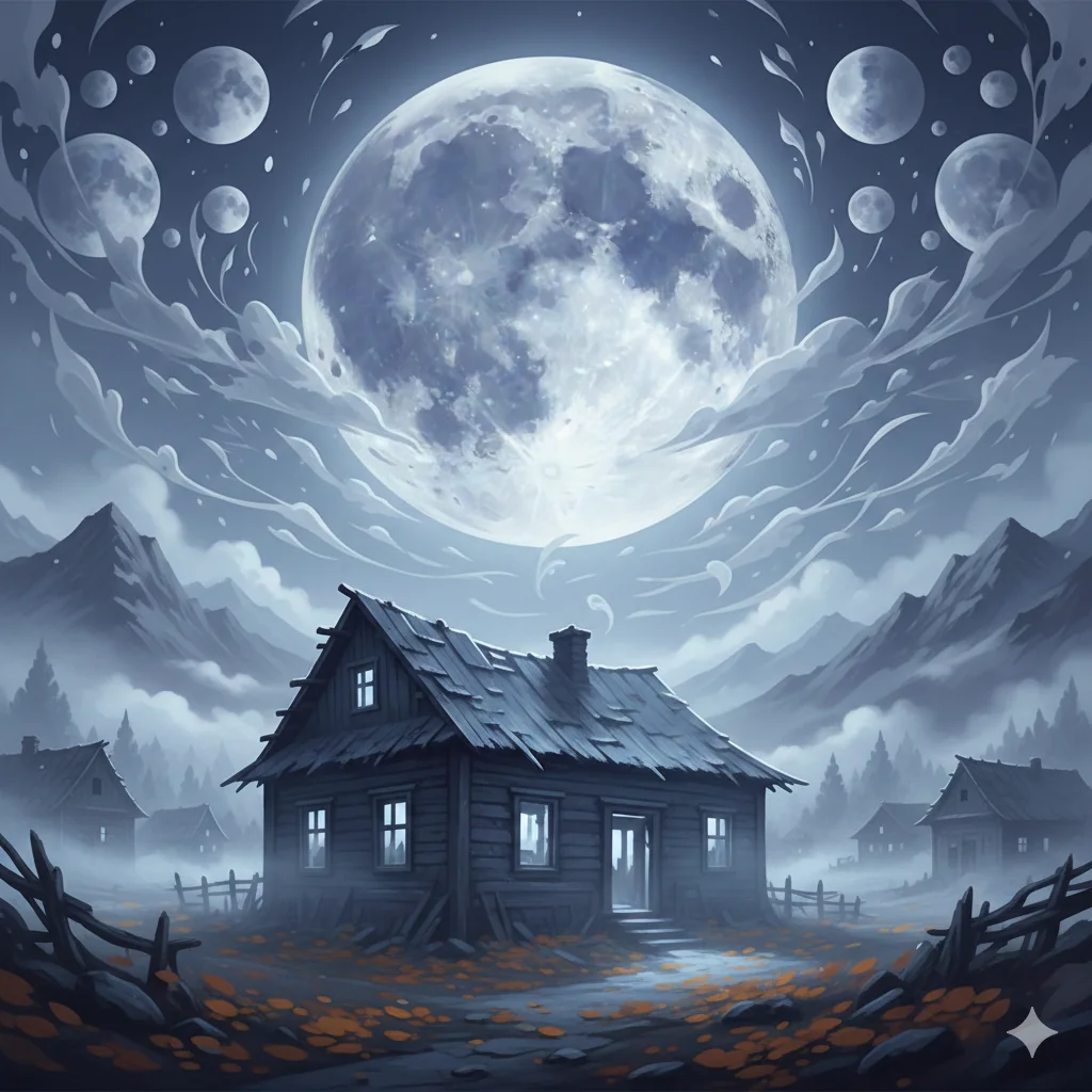 Lone house cradles the autumn moon's silent vigil. picture 1 of 1