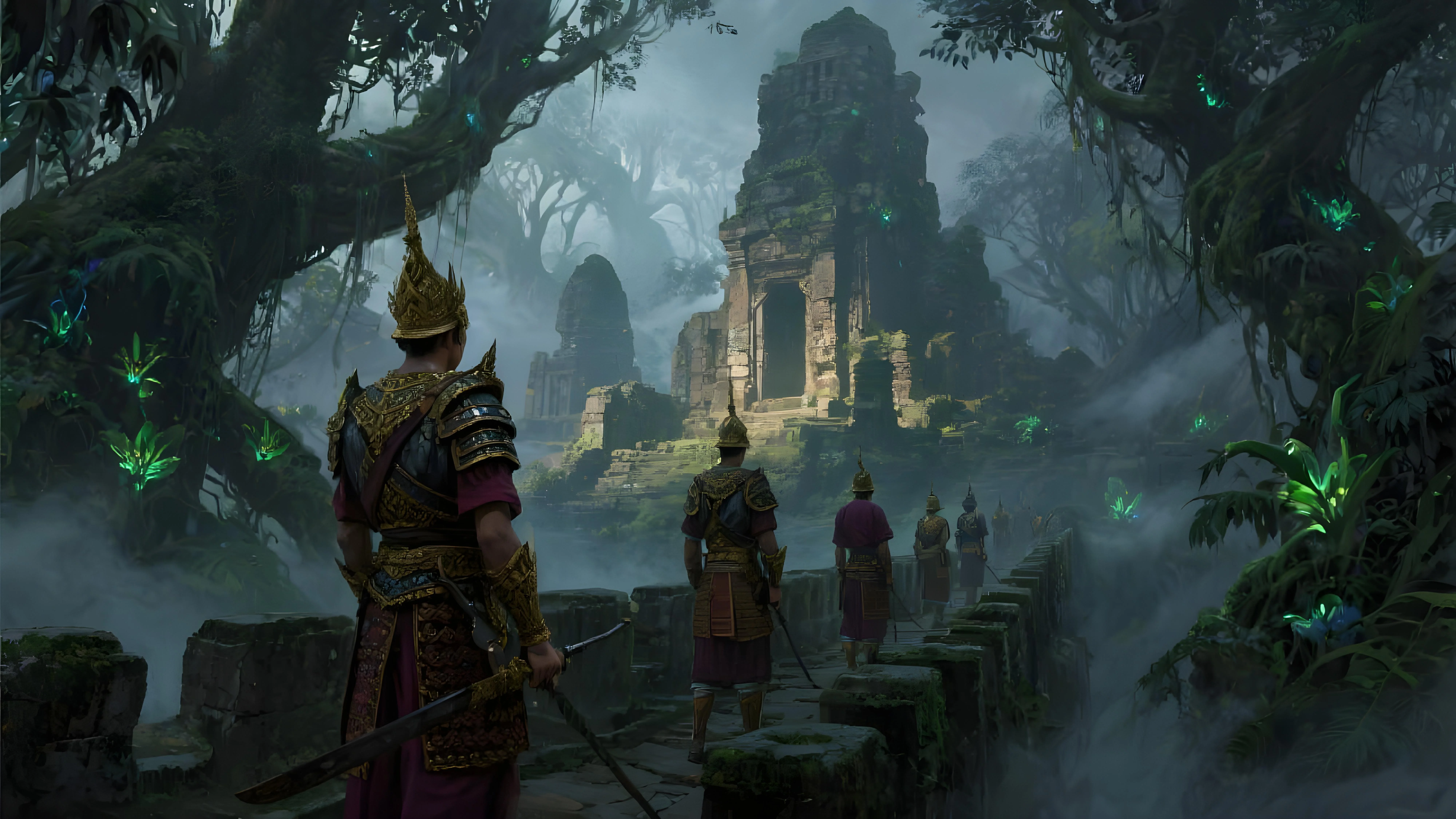 Patrolling warriors, the misty ramparts of a hidden jungle city. picture 1 of 1