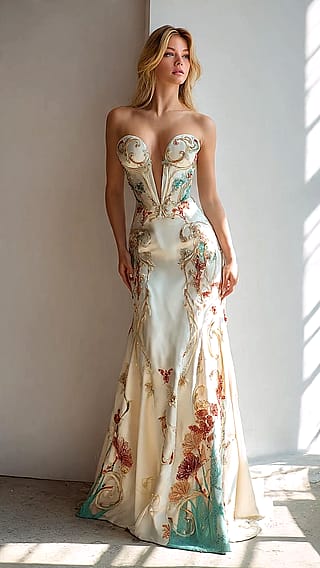 Cream Gold Floral Corset Mermaid Gown'