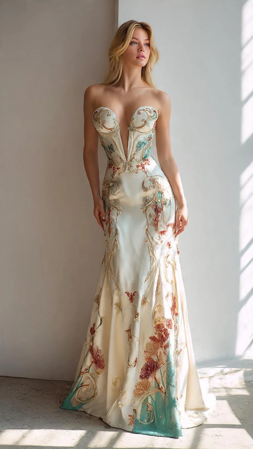 Cream Gold Floral Corset Mermaid Gown picture 1 of 1