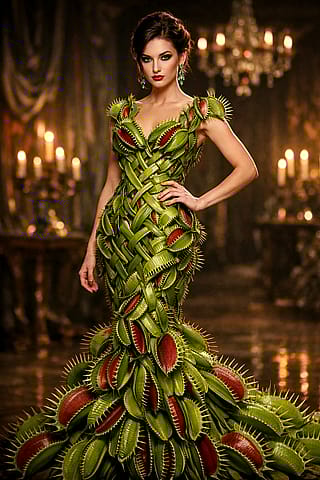 "She will eat you alive!" A woman wearing a gown composed of woven together Venus Fly Trap carnivorous plants'