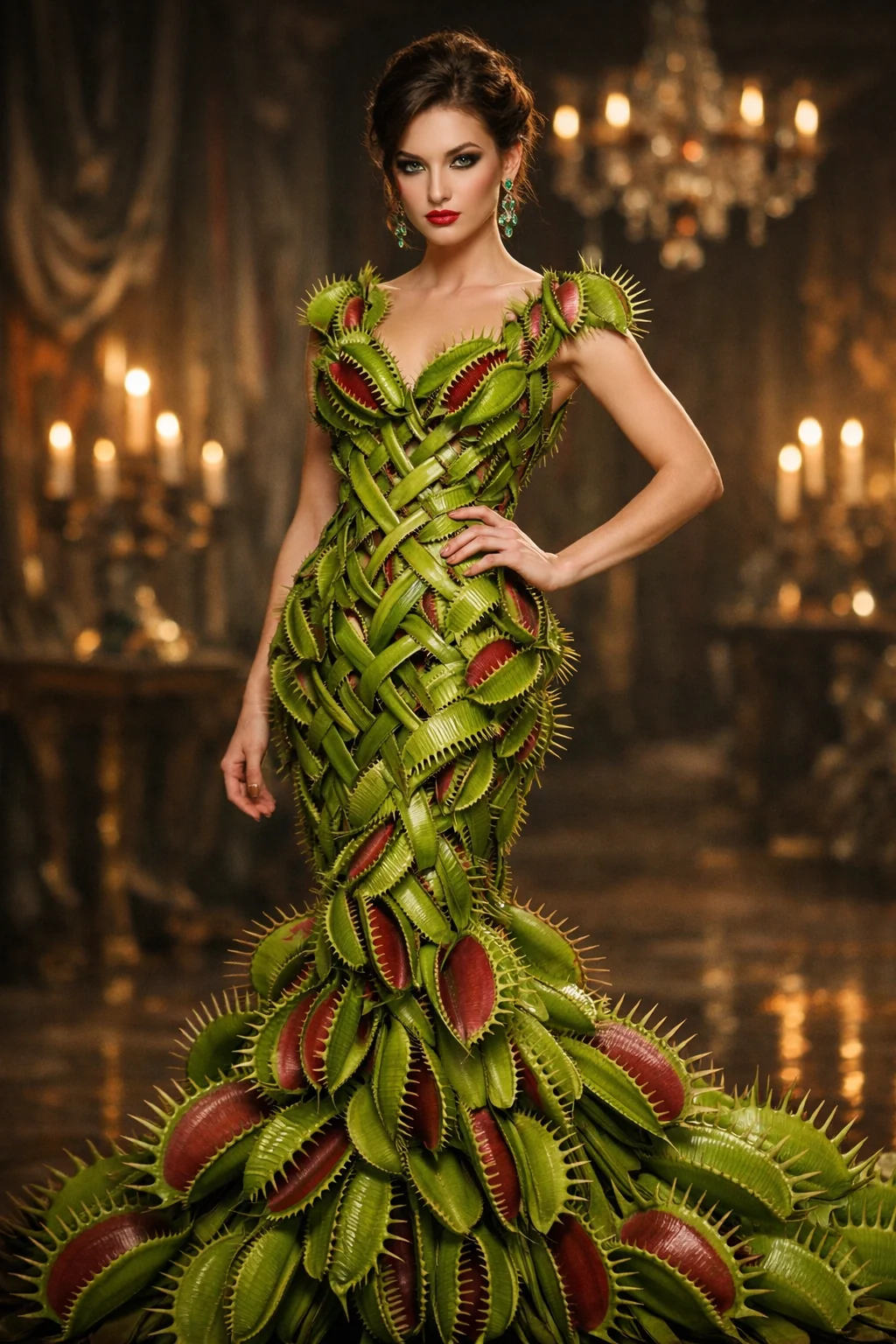"She will eat you alive!" A woman wearing a gown composed of woven together Venus Fly Trap carnivorous plants picture 1 of 1