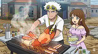 Guzma grilling a huge Klawf claw while Skye holds a bowl of garlic and herb butter'