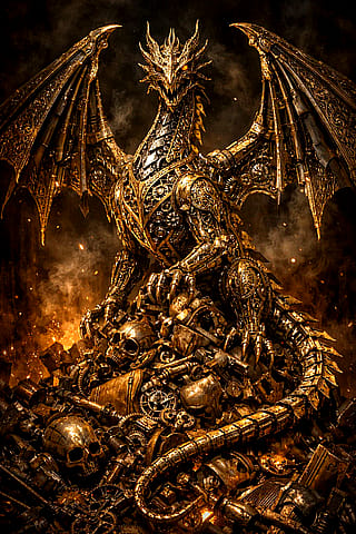 The steampunk dragon wakes above its hoard.'