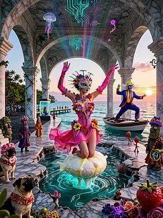 Sunset whispers, petals, and a dog'