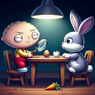 “You're acting suspicious, now tell me… Where are the eggs?”'