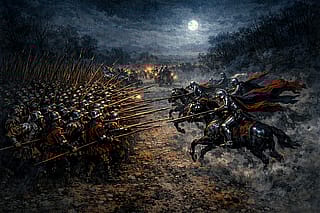 French Huguenots gendarmes charge royal swiss pikeman during the royal escape (Surprise of Meaux, 1587)'