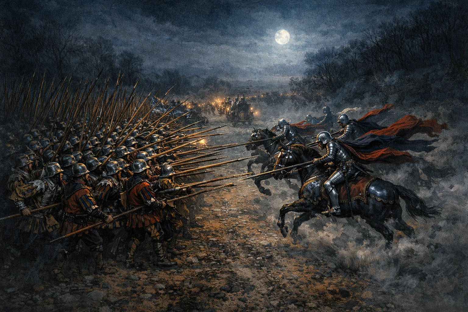 French Huguenots gendarmes charge royal swiss pikeman during the royal escape (Surprise of Meaux, 1587) picture 1 of 1