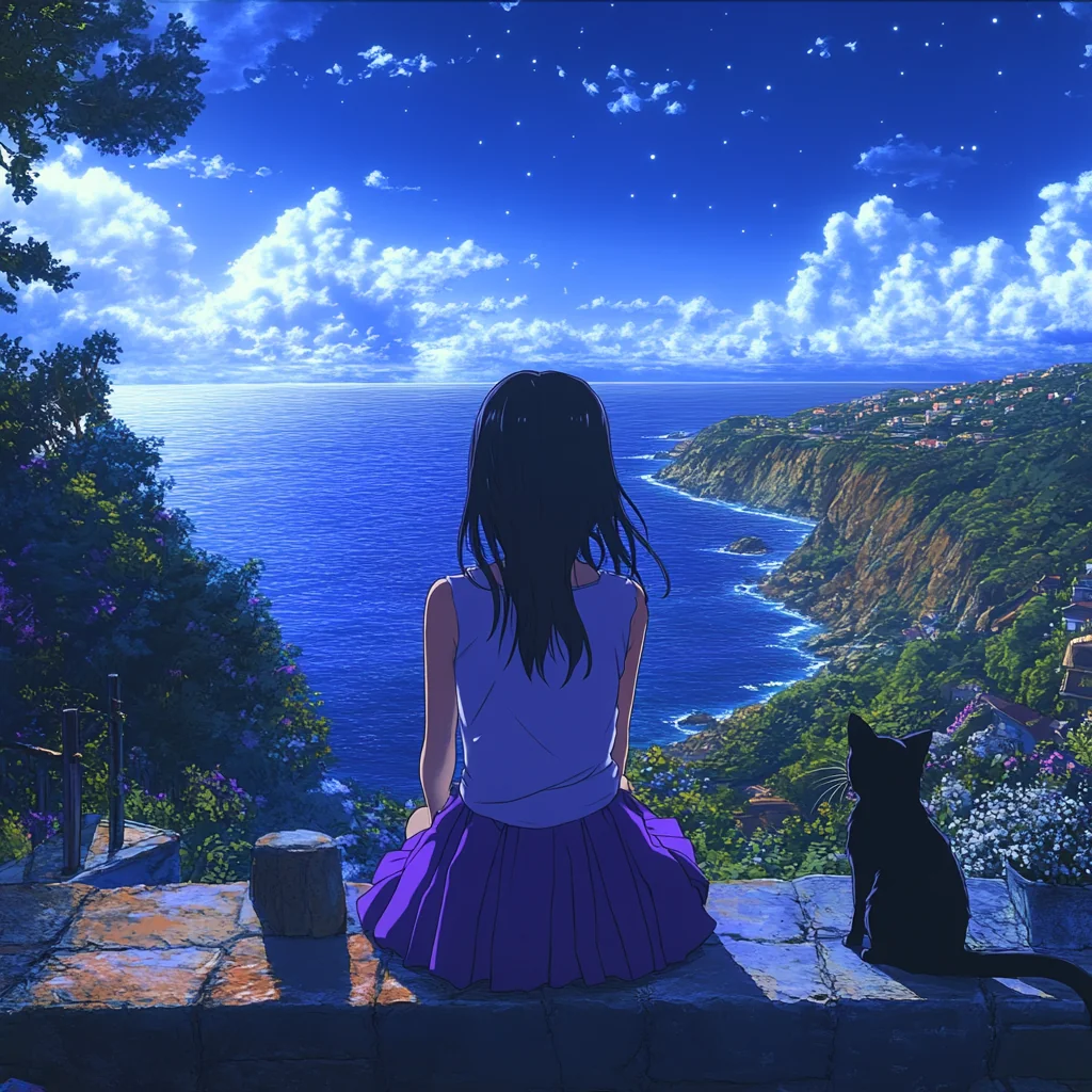 A Girl with a Black Cat Gazing at the Sea in an Anime Style picture 1 of 1