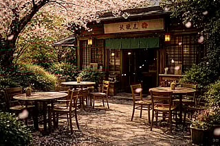 "Vintage Japanese Café in Spring"'