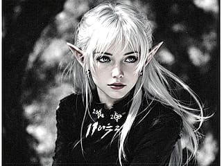 Elf Girl in modern world black and white year book style'
