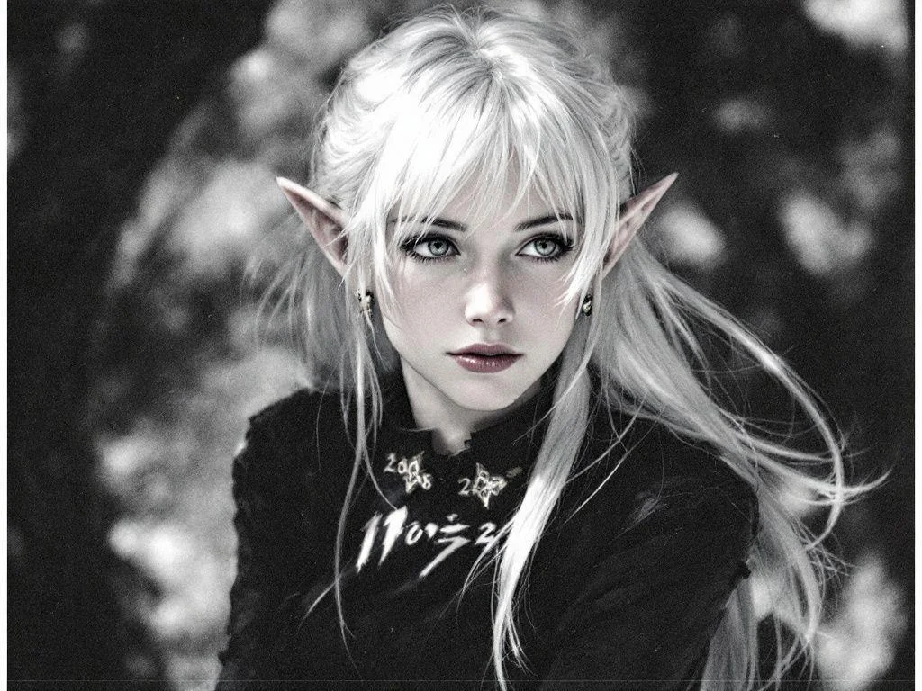 Elf Girl in modern world black and white year book style picture 1 of 1